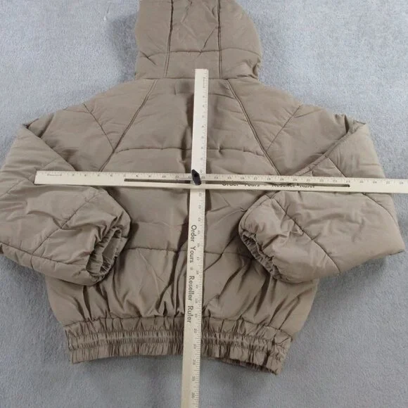 12th Tribe Puffer Jacket Womens S/M Brown Tan Lightweight Hooded Full Zip Coat - Picture 3 of 8